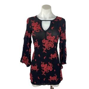 Way-In Multicolor Floral Paisley Embroidered Keyhole Long Sleeve Mini Dress S